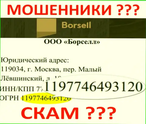 Номер регистрации неправомерно действующей организации Borsell - 1197746493120