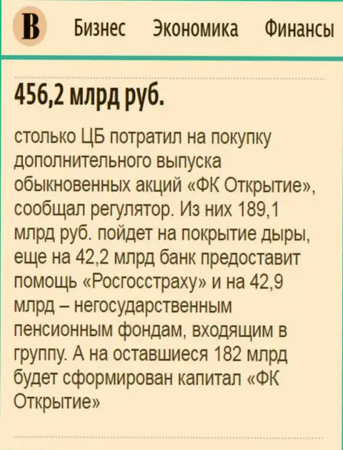 Как сказано в газете Ведомости, практически пол трлн. рублей потрачено на спасение финансовой группы Открытие
